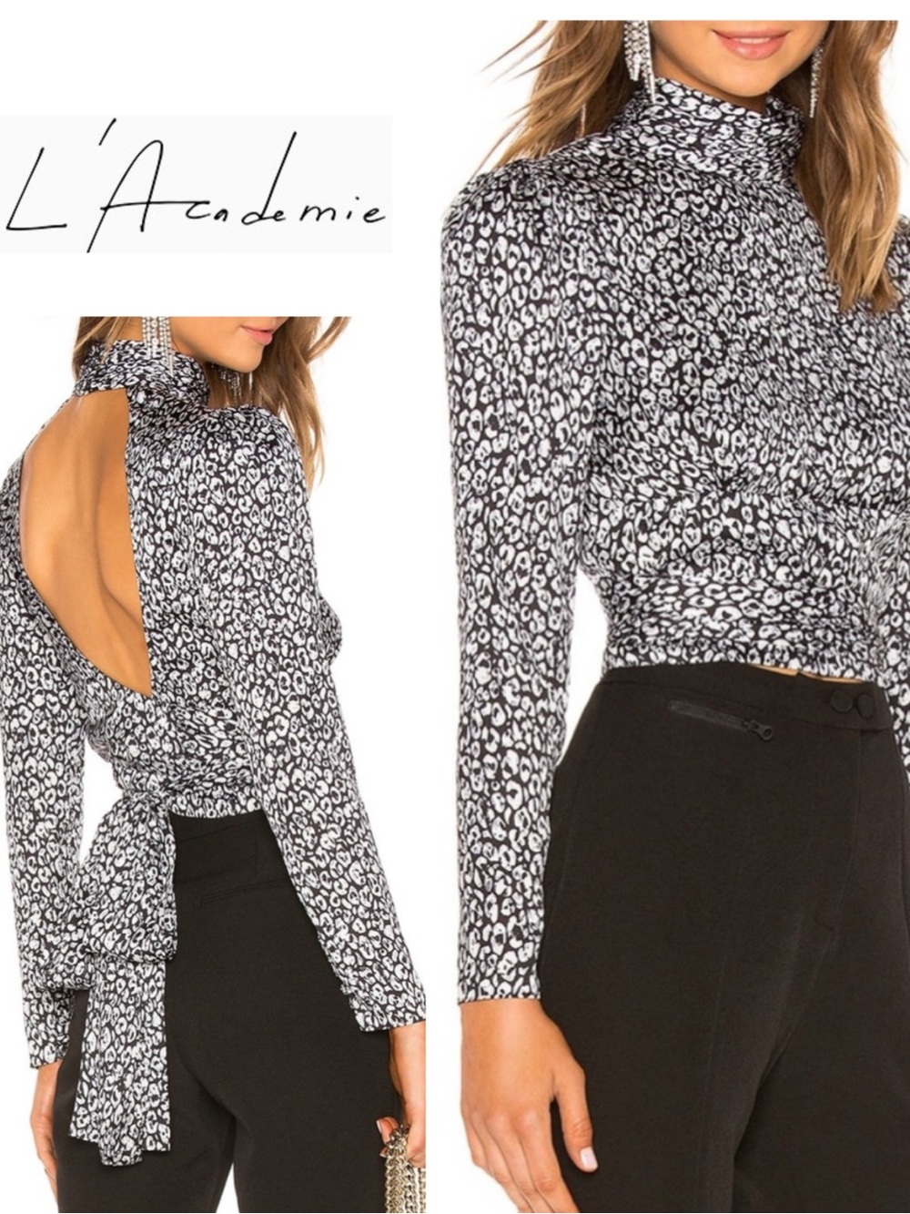 L'Academie Black & White Leopard-Print Mock Neck Tie-Back Blouse